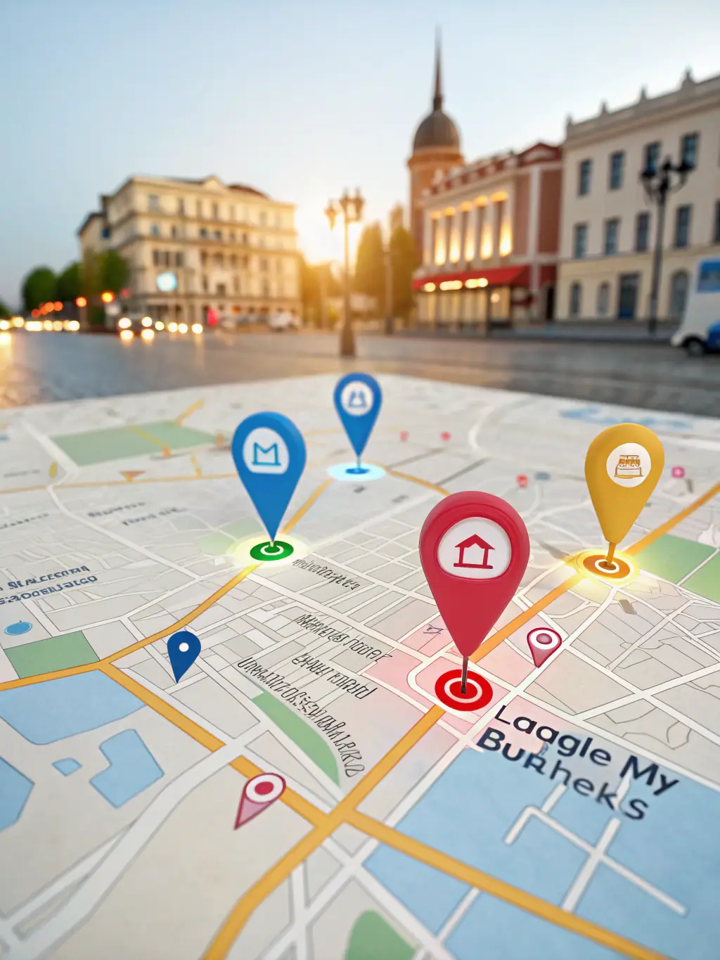 A map highlighting local search results, showcasing businesses with optimized local presence and positive customer reviews.